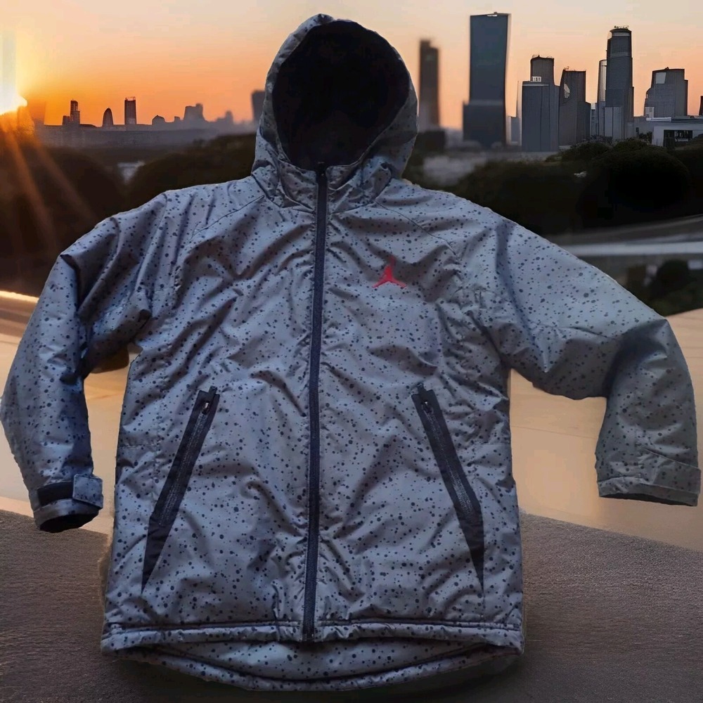 Jordan Puffer Jacket Boys Size 10-12 Grey Excellent Speckled Hooded Winter Coat